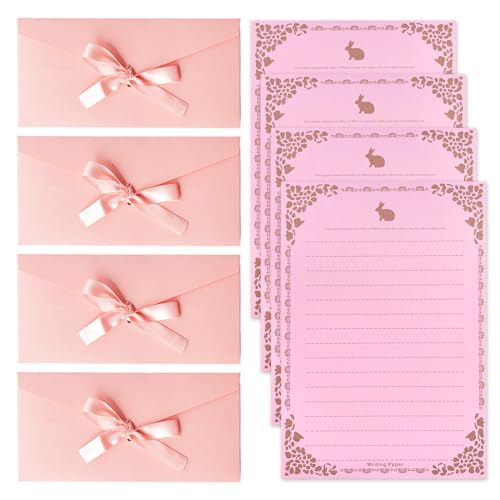 4 Sobres Rosas, 4 Hojas De Papelería Con Estampado De Conejo, Sobres De Regalo Con Lazos, Bonitos Sobres Para Tarjetas De Felicitación, Adecuados Para Invitaciones, Tarjetas De Regalo