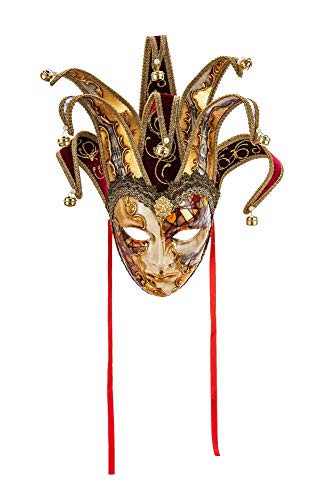 Maschera Decorativa Originale Veneziana Fatta A Mano, Con Volto Di Jolly, Decoro Bizantino Rame E Oro E Punte In Velluto Bordeaux E Carta Venezia, Made In Italy
