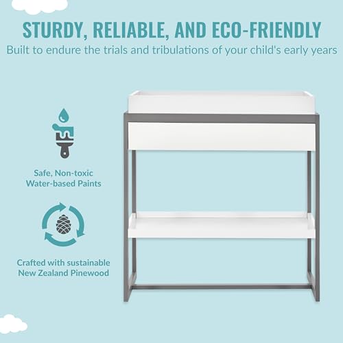 Image of Dream On Me Arlo Changing Table with Pad & Safety Strap - Steel Grey | Solid New Zealand Pinewood, Non-Toxic Finish, Spacious Fixed Storage Shelf for Diapers, Water-Resistant 1 inch Pad
