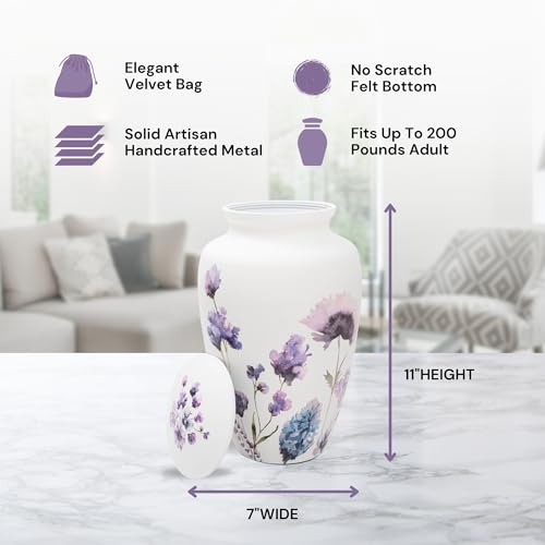 Image of Cremation Urns for Human Ashes Adult Female | Human Urn for Ashes for Women | Decorative for Cremation, Funeral, Burial, Home | Handcrafted Large Size - Purple Flower