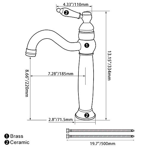 Maynosi Victorian Bathroom Basin Mixer Tap, Mono High Rise Basin Tap for Countertop, Tall Traditional Sink Faucet with Ceramic Lever, 360° Swivel Spout, Classic Taps, Retro Style, Brass (Matte Black)