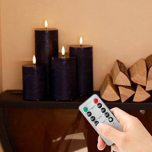 Image of Blue Flameless Pillar Candles, Battery Operated Candles with Remote, Real Wax Flickering LED Candles for Home Party Wedding Holiday Decor, Set of 4, Φ 3 inch H 4 inch 5 inch 6 inch 8 inch