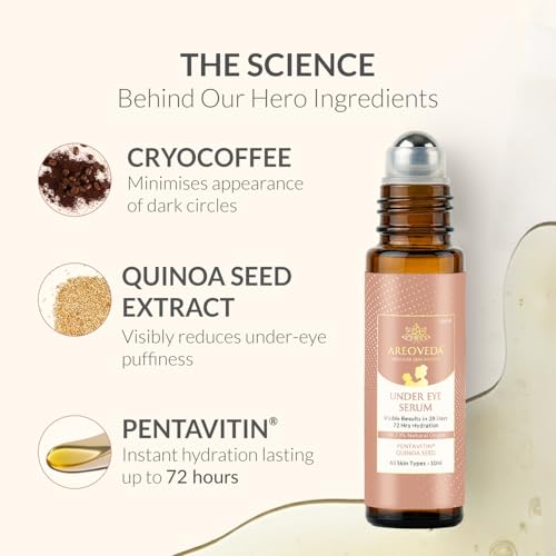 Image of AreoVeda Under Eye Cream with Cooling Massage Roller | Under Eye Roll On with Quinoa for Dark Circles, Puffiness & Fine Lines | Pregnancy-Safe | 10 ml