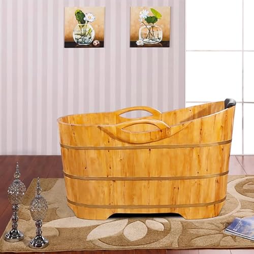 TT-YEC Tiefe Badewanne Für Erwachsene Mit Handläufen, Kompakte Badewanne Aus Holz Mit Kopfstütze, Hocker Und Wasserventil, Orientalische Klassische Badewanne, Tragbare Badewanne,L160cm – Bild 3