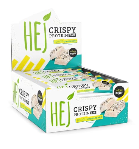 HEJ Crispy Proteinriegel Snack – Low Sugar Eiweißriegel | 14g Protein & 167kcal pro Riegel | Vegetarisch & ohne Palmöl – 12x45g Lemon Cheesecake