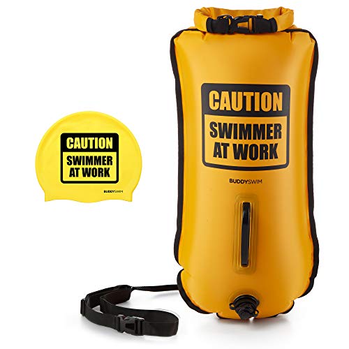 BUDDYSWIM 28 L Set di Boa Nuoto Acque Libere e Cuffia. Boa Nuoto per Nuotare in Acque Libere con Borsa impermeabile e Cuffia in Silicone. Ideale per nuotare nel mare. Giallo