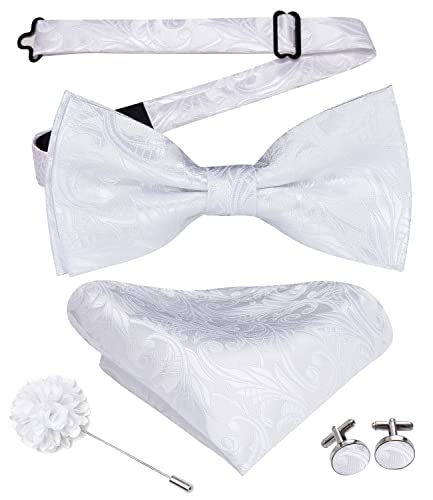 Image of Hi-Tie White Floral Bow Ties for Men Pre-Tied Pocket Square Lapel Pin Cufflinks Mens Bowtie Sets for Wedding Formal Party