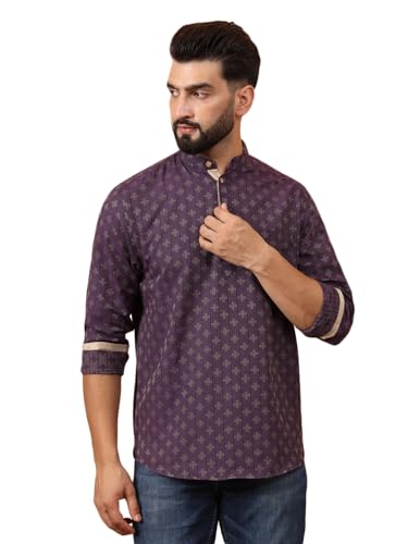 Image of LATEST CHIKAN Men's Cotton Regular Self Design Short Kurta Full Sleeves - Casual Ethnic Wear