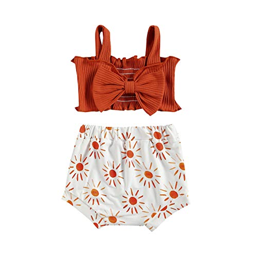 Fashion 2Pcs/Set Baby Girl Summer Outfits, Knitted Crop Tops with Big Bow Sun Rainbow Print Shorts (Caramel Sun, 0-6 Months)