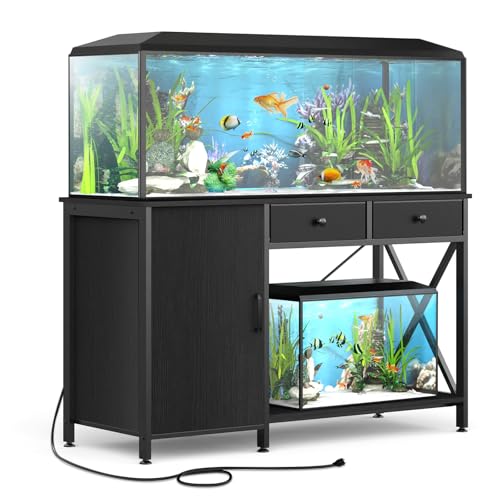 FILKO Fish Tank Stand for 55-75 Gallon Fish Tank: Aquarium Stand with Power Outlet - Metal 55 Gallon Tank Stand with Cabinet Drawer Storage for Turtle Tank, Reptile Terrarium (Black 1200LBS Capacity)