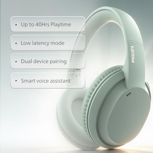 Image of PHILIPS TAH4050 Wireless Bluetooth Headphones with Mic, 40mm Dynamic Drivers, Bluetooth 6.0, Up to 30H Playtime, Dual Device Pairing, USB-C Fast Charging, AUX Support, Over-Ear Headset, Green