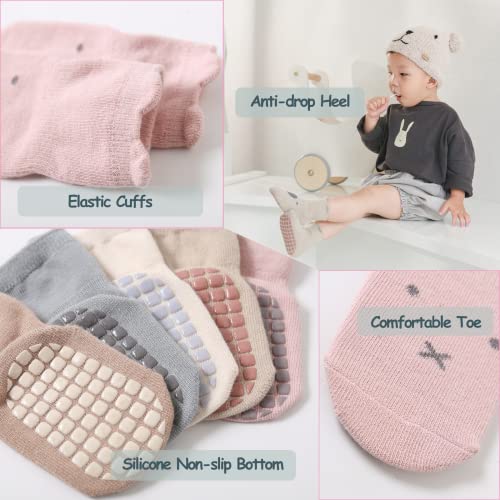 Qiyiendian Cute Cartoon Crew Socks With Grips, 5 Pair Cotton Anti-Slip Slipper Socks Suitable For Infant Baby Little Girls/Boys (Cat,0-1Year) #TOP3