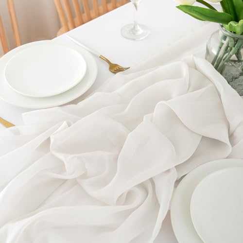 CHUQING Chiffon Tischläufer Hochzeit Tischdeko Stoff Tischdecke Weiß – Ansicht 3