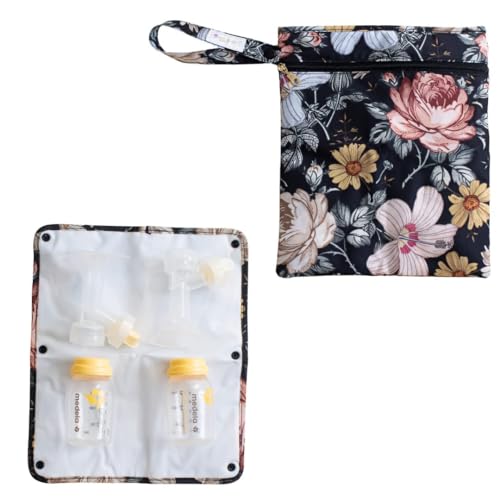 Image of Iris & Ella Wet Dry Bag For Breast Pump Parts - Reusable Floral Pattern Pump Parts Bag w/Waterproof Mat & Removable Inner lining - Wet Bag For Baby - 13" x 11"