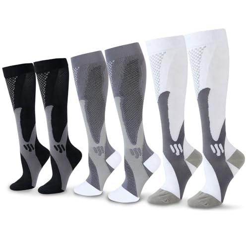 SRunDe 3 Pares Medias Compresion Running 40-46 15-25mmHg Mujer Hombre Calcetines Compresión Hasta Rodilla para Recuperación de Soporte Diario Deporte Running Avion Viaje Ciclismo Senderismo