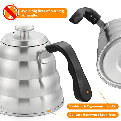 Pour Over Coffee Kettle With Thermometer For Exact Temperature 40 Fl Oz - Premium Stainless Steel Gooseneck Tea Kettle For Drip Coffee, French Press And Tea - Works On Stove And Any Heat Source #TOP3