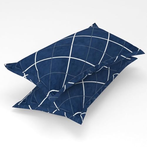 Image of KAWI King Size Microfiber All Over Elastic Fitted Double Bedsheet Cotton Feel (72 inchX78 inch X 8 inch) with 2 Pillow Covers, Color- Blue Line Print