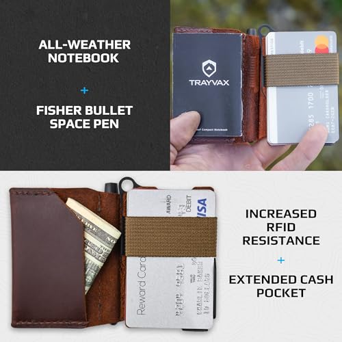 Trayvax Summit Notebook Wallet, RFID Protective Small Leather Credit Card Holder with Cash Pocket, Includes Pocket Notebook and Space Pen, Brown4