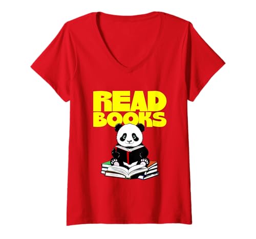 Mujer Panda leyendo libros, linda idea de bibliotecario Camiseta Cuello V