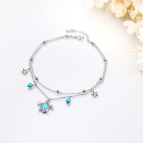 Image of Ladytree S925 Sterling Silver Boho Beach Double Layer Anklets Bracelet for Women Adjustable 9 to 11 inches