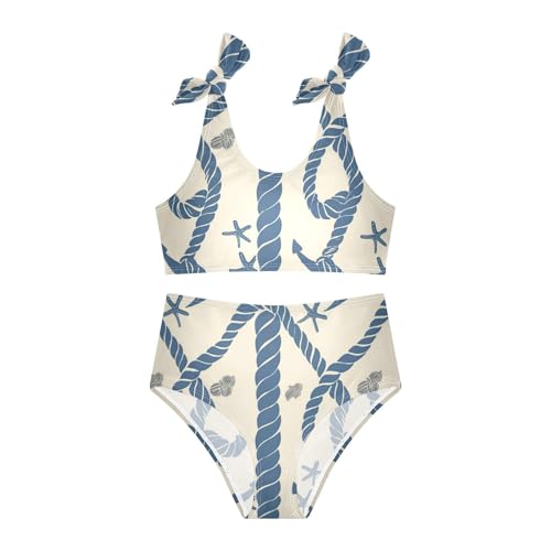 Navy Blue Striped Rope and Ocean Girls' 2 Piece Kids Bikini Set Beach Swimsuits Swimming Suits Cute Shoulder Strap3