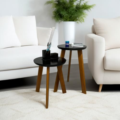 Conjunto 2 Mesinhas Redonda Lateral Apoio Retrô Tripé Palito Madeira Tampo 30 cm Preto