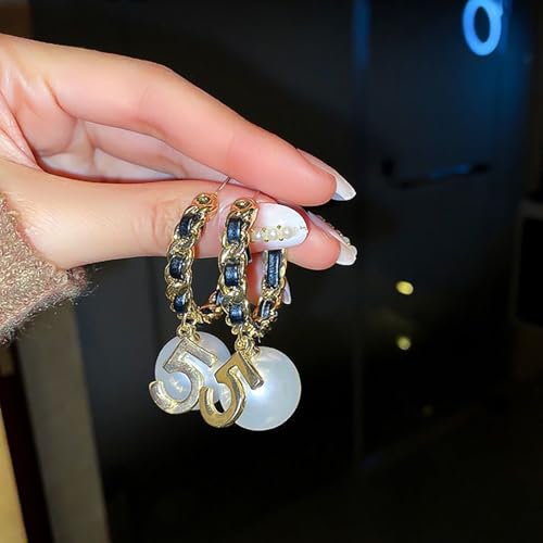 Vintage Number 5 Pearl Hoop Earrings Elegant Pearl Hoop Earrings for Women, Trendy Black Chain Gold Plated Number 5 Dangle Earrings4