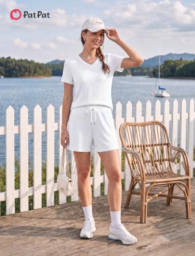 PATPAT Womens Pajama Set 2 Piece Ribbed Knit Soft Lounge Set with Pockets Short Sleeve Top and Shorts Summer Sleepwear Outfit White, XXL — view 4