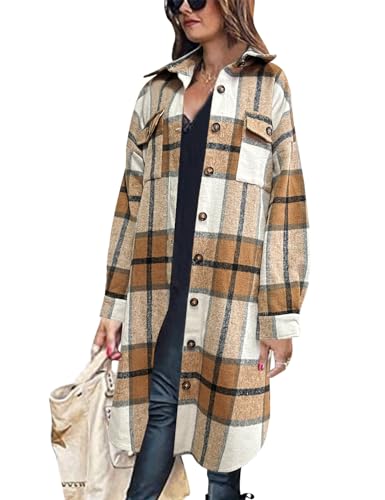 Peaceglad Women's Lounge Lapel Button Up Long Sleeve Plaid Long Shirt Jacket Shacket