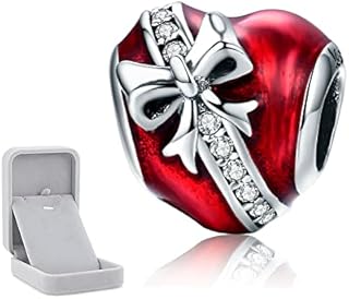 CHENGMEN Valentine's Day Bow Charm 925 Sterling Silver Beads Charms for Bracelets Love Heart Red Enamel Gifts for Her Women Girls Mum Daughter Sister Girlfriend Jewellery