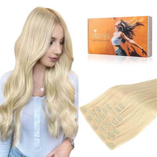 Image of DOORES Real Human Hair Extensions, Bleach Blonde 130g 9pcs 14 Inch Seamless Clip-ins, Remy Invisi Edge Thick Straight Hair