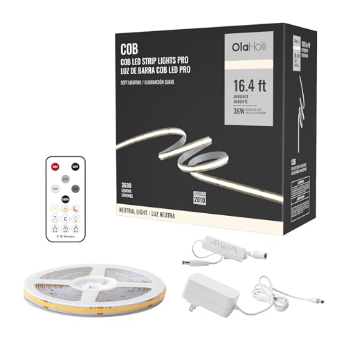 Olaholii 16.4ft COB Led Strip Light with Remote, 4000K Ra93+ Dimmable Bright Led COB Strip Light, White Continuous Led Strip Light for Mirror, Stair, Cabinet, Room