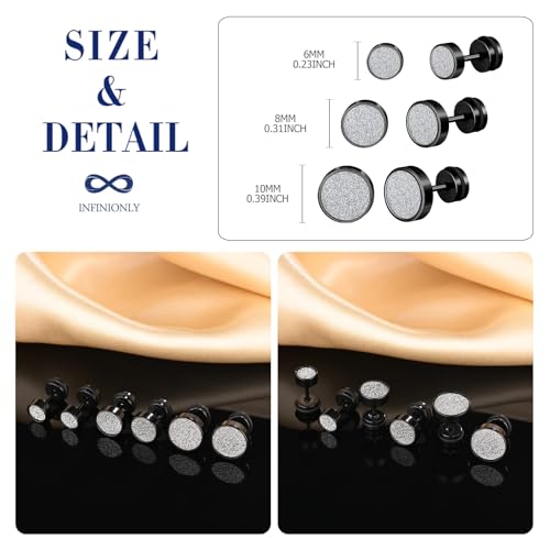 INFINIONLY Herren Ohrringe Set Männer Edelstahl Piercing Ohrstecker Fashion Schrauben Hantel Front-Back-Ohrringe für Teenager, 3 Paare Durchmesser 6mm/8mm/10mm, Weiß und Schwarz