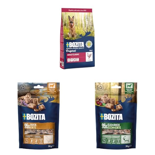 Bozita Komplett-Bundle für Erwachsene Hunde: 3 kg Original Adult Classic Huhn Plus Zwei getreidefreie Meaty Bites Hundesnacks im Geschmack Elch & Ente – vollwertige Ernährung in einem Paket