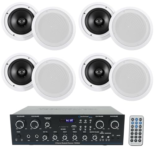 Technical Pro Bundle: RX400X4 4 Channel 8 Speaker Bluetooth Home Receiver+Mic Inputs Bundle with (4) Pairs Rockville HC85 8