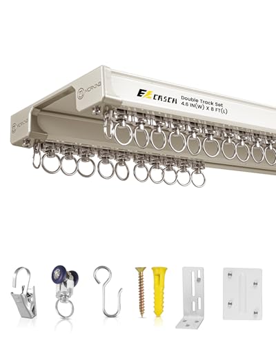 Ceiling Curtain Track Set – Dual Track Ceiling & Wall Mount 6ft-8ft, Heavy-Duty Double Track Rails with Silent Slides, Room Divider Double Track System, Includes Hooks/Clips/Brackets, White
