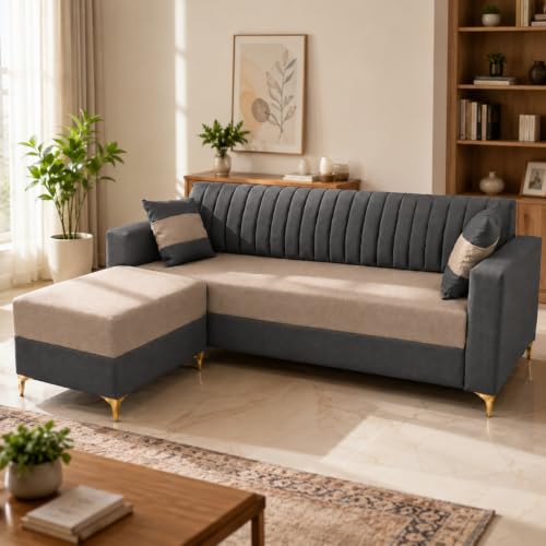 Image of FURNY Signature Regalia 4-Seater L-Shape Sofa Set with Movable Ottoman | Flexible LHS /RHS Layout | Boston Fabric | 40D Foam + Zigzag Spring | 3-Yr Warranty (Ash Grey & Warm Beige)