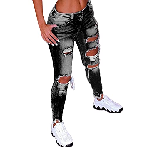 WJANYHN Pantalones Vaqueros EláSticos Rasgados Casuales De Cintura Baja De La Moda De Las Mujeres MáS El TamañO Cover
