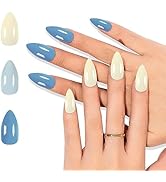 Color Changing Press on Nails Sun Actived Stiletto Tips Beige To Blue With Ultraviolet Light Pure...