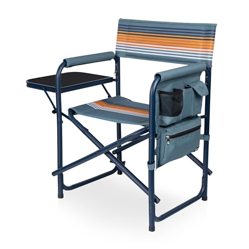 Image of Picnic TIME Sports Chair with Side Table and Armrest Caddy, Lightweight Aluminum Folding Outdoor Camping Chair for Adults, Portable Director Style Lawn Seating, (Marine Stripe with Navy Blue Frame)