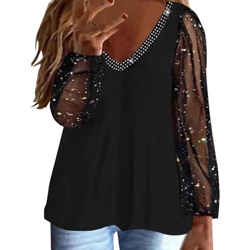Yekdmxop Top Femme Élégant avec Paillettes Argent Col en V Blouse Strass Soirée Pull grande taille Manches Longues T Shirt Curvy Brillantini Chemise Noël Paillettes...