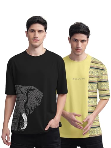 Image of BULLMER Trendy Front and Back Printed Oversized Round Neck T-Shirt for Men - Pack of 2