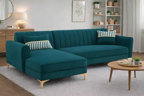 Image of Adorn India Premium Luster 6 Seater L Shape Sofa Set | Velvet Suede Fabric | 3-Year Warranty | LHS |Color Ocean Blue with Golden Legs & Striped Pattern Cushion