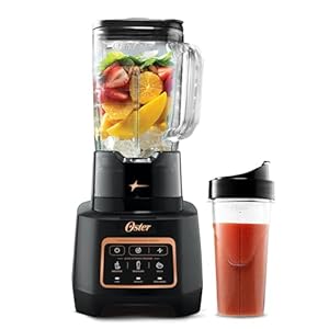 Oster Extreme Mix Blender, 64oz Glass Jar, 3 iBlend Preset Functions, 1600-Watts, 10-Point Blade Stack with Titanium Coating & 24oz Blend-N-Go Cup