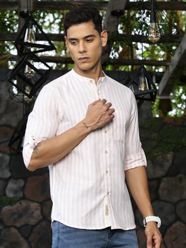 Image of Thomas Scott Men's Slim Fit Cotton Linen Casual Shirt with Mandarin Collar | Vertical Stripes | Three-Quarter Roll-Up Sleeves