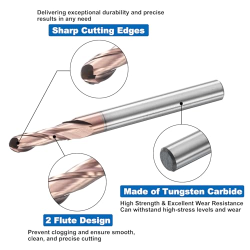 Image of HARFINGTON Ball Nose End Mill 2 Flute 5 /32 inch Diameter 3 /16 inch Shank Tungsten Carbide Uncoated Spiral CNC Router Bits 1 /2 inch Cutting Length Single End Ball for Carving Engraving Grinding