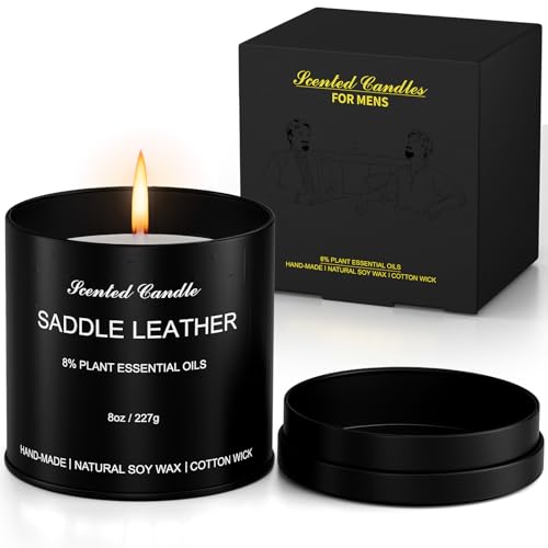 Domivirgo Scented Candles for Men - 8oz Saddle Leather Candles Gifts for Men Natural Soy Wax Cotton Wick Birthday Christmas Anniversary Present Valentine
