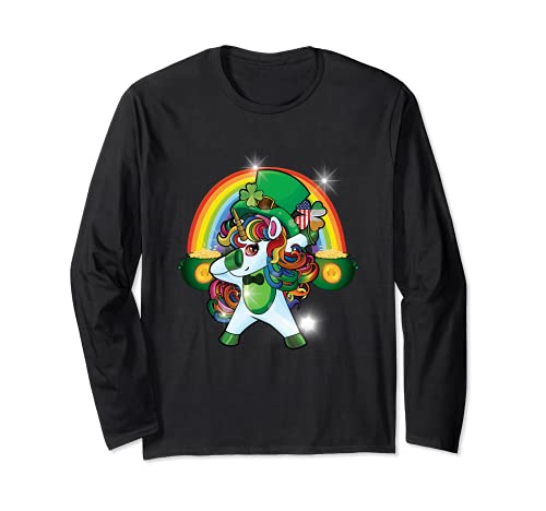 Kids St Patricks Day Dabbing Irish Unicorn Leprechaun Girls Manga Larga