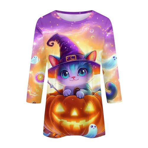 Cute Funny Halloween Shirts for Women Plus Size 3/4 Length Long Sleeve Womens Tops Witch Gothic Renaissance Shirt