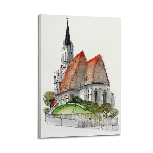 Poster paysage église colline verte WIZIGM pour créer une ambiance zen dans votre salon moderne